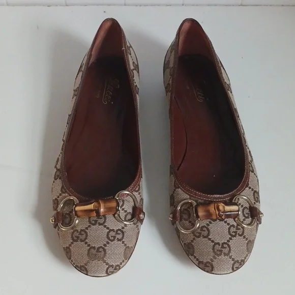 Gucci Tan Logo Canvas Flats In Box W Bamboo Bit. - Picture 3 of 7